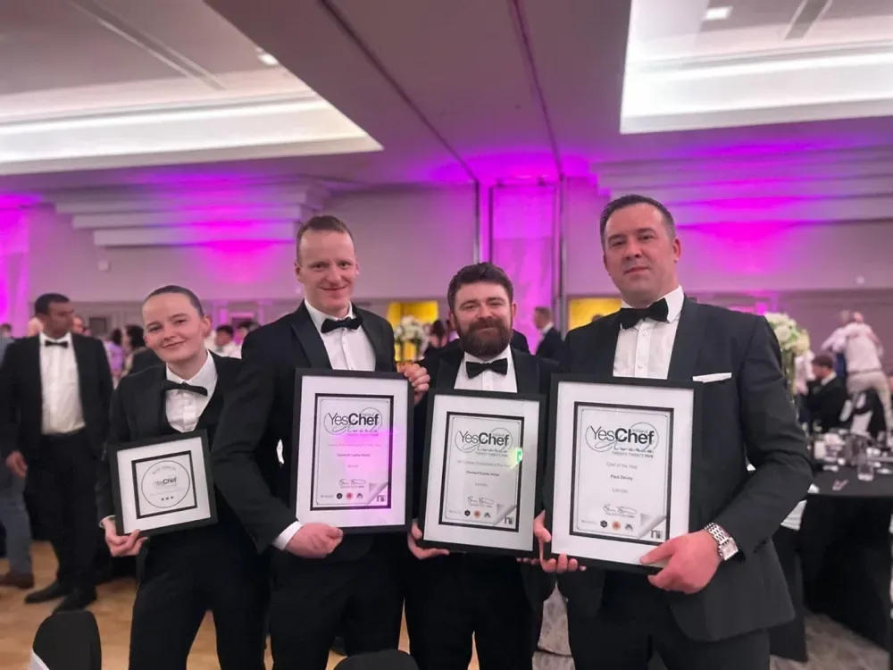 Niamh Dunphy, Hubert Stefanski, Ciarán Brennan and Paul Devoy of Clontarf Castle with their Yes Chef Awards 2025 certificates
