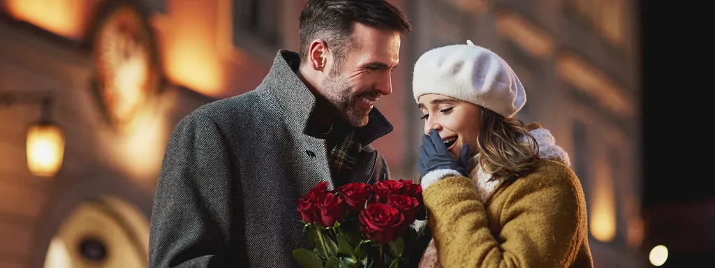 Man giving red roses to a smiling woman