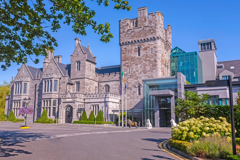 The castle facade and tower from the entrance drive