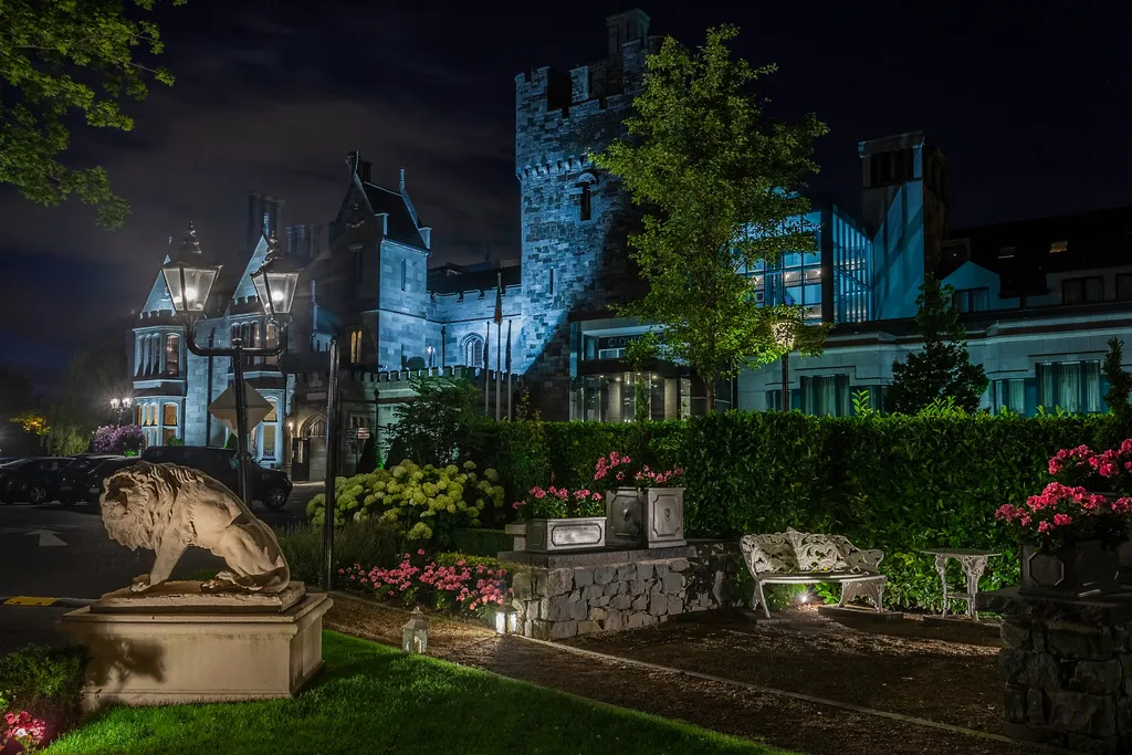 The castle and a stone lion lit at night