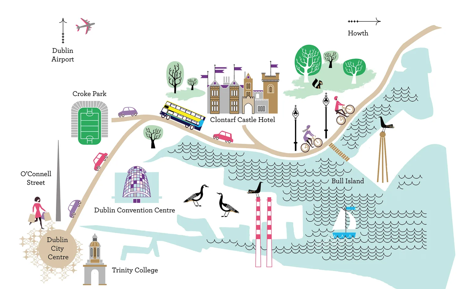 Illustrated map of Clontarf Castle Hotel, with Dublin Airport, Croke Park, Dublin City Centre, the Convention Centre, Trinity College, Bull Island and Howth around it