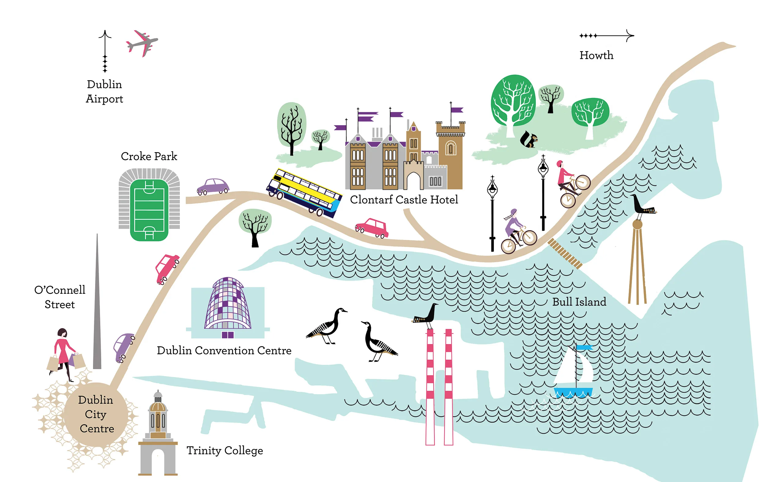 Illustrated map of Clontarf Castle Hotel, with Dublin Airport, Croke Park, Dublin City Centre, the Convention Centre, Trinity College, Bull Island and Howth around it
